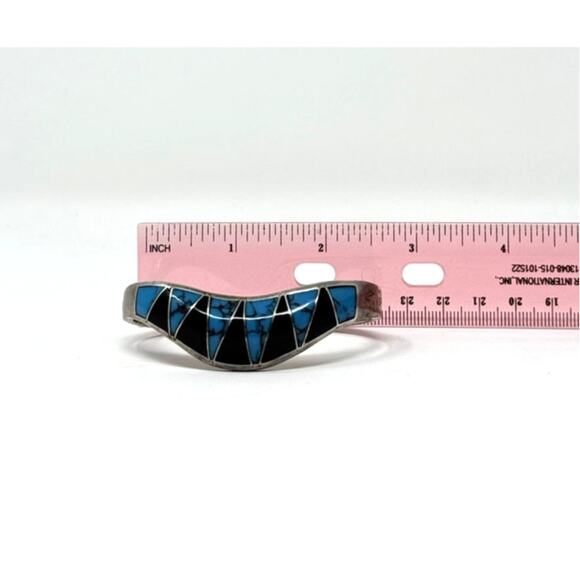 Vintage Mexico Silver Bangle Bracelet Inlaid Turquoise Onyx Stone Natural Unique - Picture 5 of 6